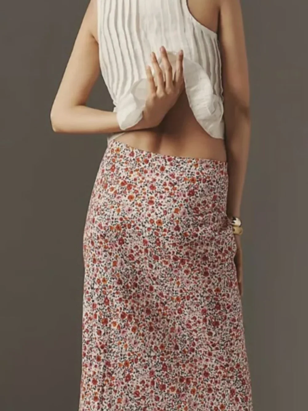 Anthropologie Floral Linen Blend Midi Skirt Pink Red Print Size XS